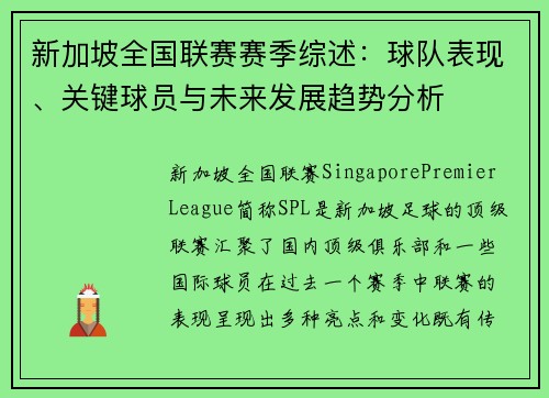 新加坡全国联赛赛季综述：球队表现、关键球员与未来发展趋势分析