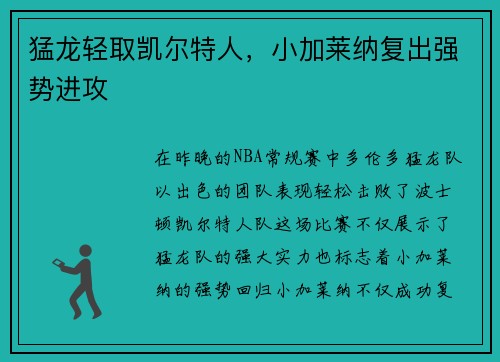 猛龙轻取凯尔特人，小加莱纳复出强势进攻